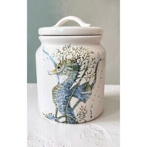 Vintage Pier 1 Imports Ironstone Seahorse Ceramic Kitchen Canister Jar With Lid